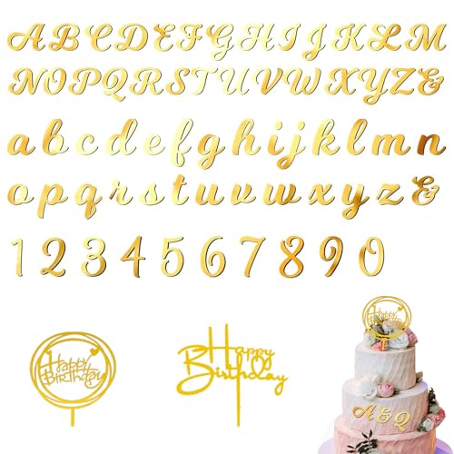 Cake Topper Set Gold Acrylic Letters Numbers Decorations for Birthday Wedding Party DIY Crafts 66 Pieces Uppercase Lowercase Numerals Tags 2.36in Durable Mirror Finish