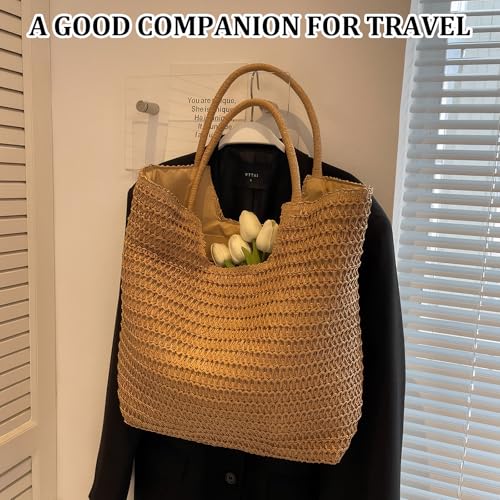 Image of Straw Beach Bags for Women, Shoulder Handbags, Summer Bag for Travel Vacation, Women Beaches Handmade Woven Tote Bag for Beach Picnic Vacation
