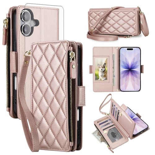 Phone Cover for iPhone 17 6.3 inch Wallet Case RFID Blocking Cell Zipper Tempered Glass Screen Protector Crossbody Lanyard Strap PU Leather Card Holder Slot i Phone17 i17 17Case Women Men Rose Gold