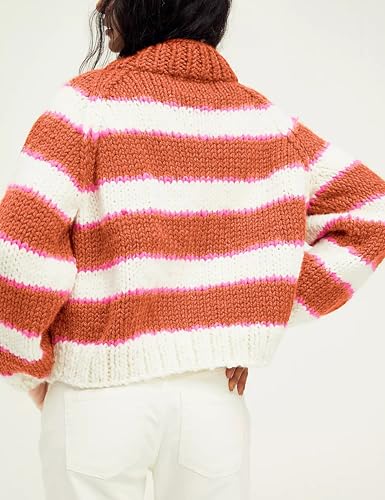 Image of Yeokou Women Stripe Pullover Sweater Turtleneck Ribbed Knit Top Casual Fall Winter Chunky Knitwear