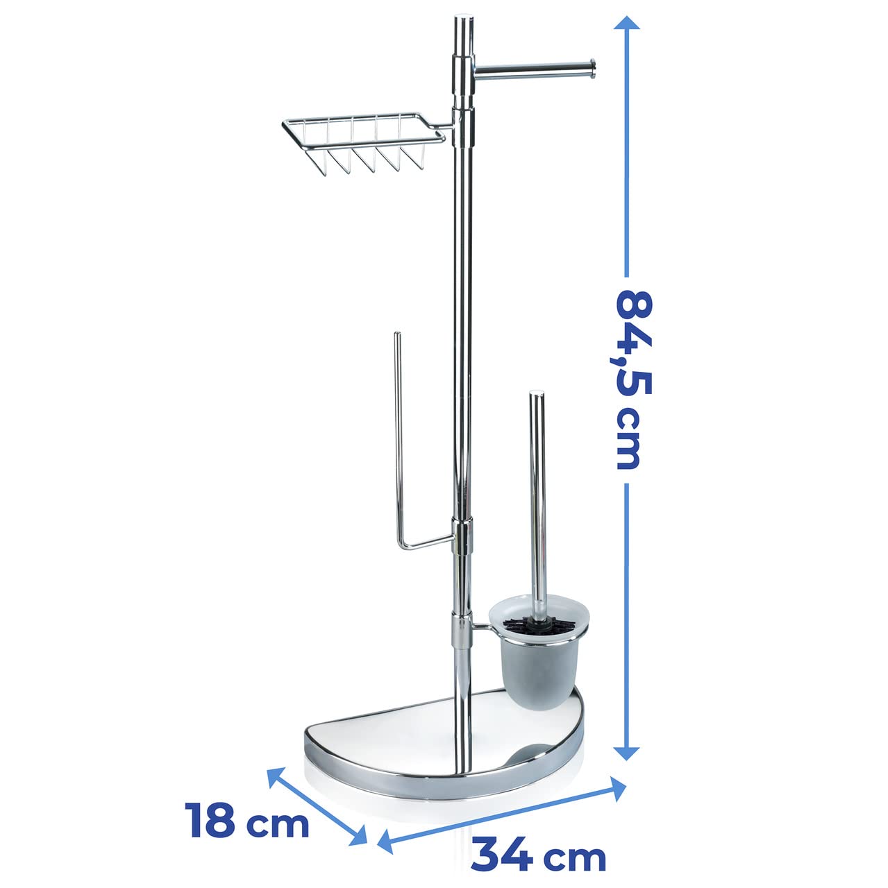 WENKO Raumspar WC-Center, Ständer für Toilettenpapier & Toilettenbürste, WC-Papierhalter mit Ablage, stehender Rollenhalter inkl. Bürste, rostfreier Edelstahl, 34 x 84,5 x 18 cm