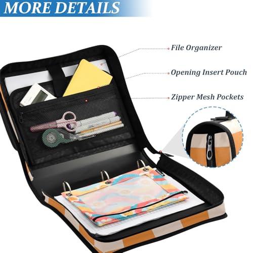 Image of 3 Ring Zipper Binder with Shoulder Strap Orange Checkerboard 1.5 inch Binders Keeper Large Capacity Multi Pockets for School Office Supplies