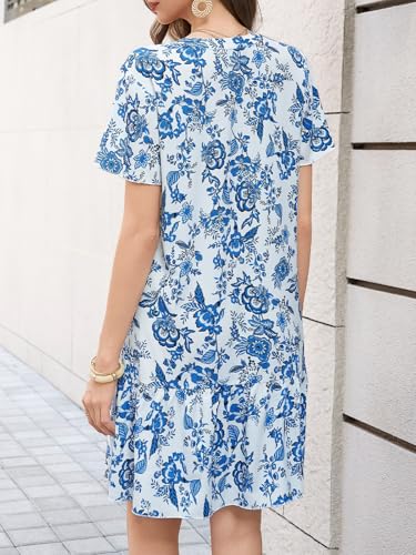Image of Imysty Womens Polka Dot V Neck Button Down Ruffles Loose Mini Short T-Shirt Dress