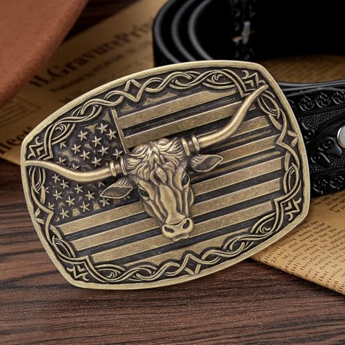Image of HUABOLA CALYN Long Horn Bull Belt Buckles for Men Women American Flag Texas Star Belt Buckles