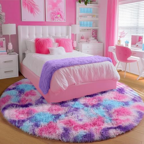 Image of PAGISOFE Rainbow Purple Round Rug for Bedroom Girls 6Ft, Fluffy Cute Colorful Pastel Princess Carpet, Shaggy Girls Rug for Kids Room, Fuzzy Playroom Nursery Dorm Rugs, Hot Pink Purple Kids Room Decor