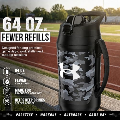Image of Under Armour Insulated Water Bottle with Handle & Fence Hook, Half Gallon Sports Water Jug, Leak-Resistant & BPA-Free for Baseball, Football & Gym - Black Woodland, 64oz