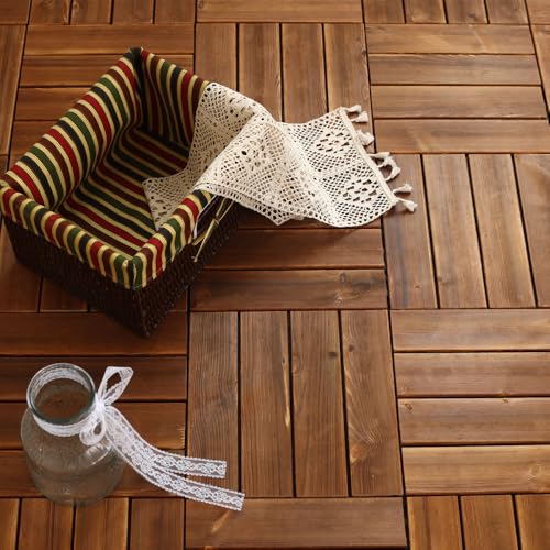 ウッドパネル 天然木 ウッドデッキ【14枚セット】ベランダタイル 高温炭化 防腐木材 木製タイル 敷くだけ 連結 防水 滑り止め 嵌め込む簡単 屋外屋内適用 ベランダ/庭/バルコニーDIY用品 30×30×2.2cm