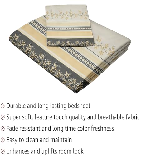 Image of IVAZA Ezyption Cotton Super Soft 240 TC Elastic Fitted All Around Elastic Printed King Size Double Bed Bedsheet with 2 Pillow Cover 72 inch X 78 inch Gold Cream