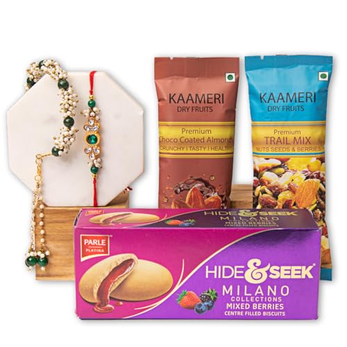Image of Kaameri Bazaar Premium Rakhi Gift Combo for Brother & Bhabhi with Rakhi, Lumba Bracelet, ChocoKiss Cookies 75g, Trail Mix 35g, Choco Coated Almonds 35g, Roli Chawal, Greeting Card & Gift Box