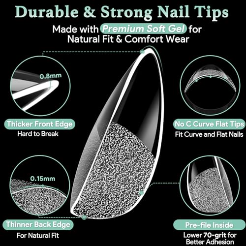 Image of Leykosh Medium Almond Nail Tips 540 Pcs Clear Half Matte 15 Sizes | 540 pcs medium almond clear tips with 70-grit pre-shaped half matte surface for salon extensions and DIY.