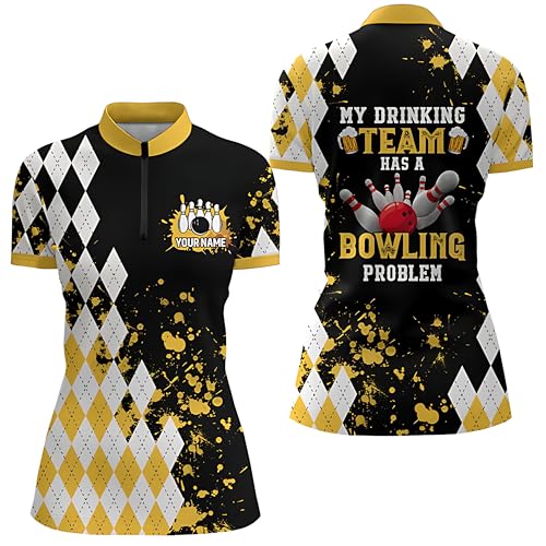 Women's Yellow Argyle Retro Bowling Quarter Zip Jersey Customized - My Drinking Team Has a Bowling Problem Q6951