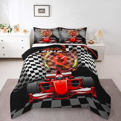 Image of Feelyou Kids Red Racing Car Comforter Set Queen Size, Extreme Sports Duvet Insert Karting Road Bedding Set Boys Girls Teens Bedroom Decor Bed Set 3Pcs
