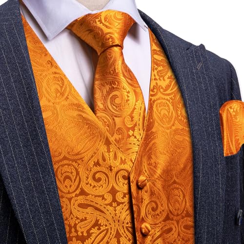 Image of Barry.Wang Mens Orange Suit Vest Jacquard Silk Flower Ties Handkerchief Cufflinks Waistcoat Set Formal Wedding Tuxedo 5PCS