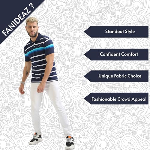 Image of fanideaz Mens Cotton Half Sleeve Striped Relaxed Fit Polo T Shirt With Collar 5005Navy S Ocean Blue