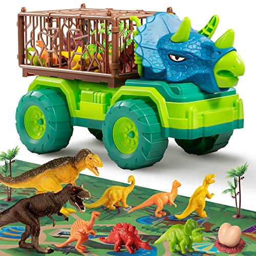 Temi Dinosaur Truck Toy For Kids 3-5 Years, Triceratops Transport Car Carrier Truck With 8 Dino Figures, Activity Play Mat, Dino Eggs And Trees, Capture Jurassic Play Set For Boys And Girls #TOP1