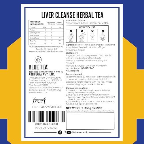 Image of BLUE TEA - Liver Cleanse Tea - 60 Tea Bags - Plant Based | Helps with Fatty Liver Detox | Improves Liver Health | Milk Thistle, Manjistha, Haritaki, Pippali | Caffeine Free - Herbal Tea | Ziplock Pack