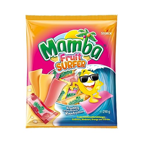 Mamba Fruit Surfer – 1 x 290g – Leckere Kaustreifen mit Fruchtgeschmack in vier verschiedenen Sorten – Fruchtgummi Mix einzeln verpackt