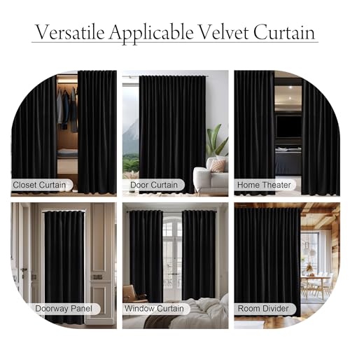 Image of Black Blackout Velvet Curtains 96 inches Long Back Tab Thermal Insulated Theater Curtains Heavy Privacy Drapes for Living Room Sliding Door Office, W100 x L96, 1 Panel