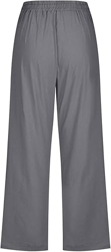 Miniatura 4 de SMIDOW Pantalones capri para mujer, estilo casual 2025, con cordón elástico, cintura alta, pantalones de lino rectos, pierna ancha, pantalones