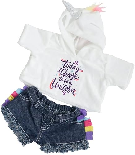 Sudadera con capucha de unicornio con pantalones cortos de mezclilla, traje de oso de peluche que se adapta a la mayoría de juguetes de peluche de