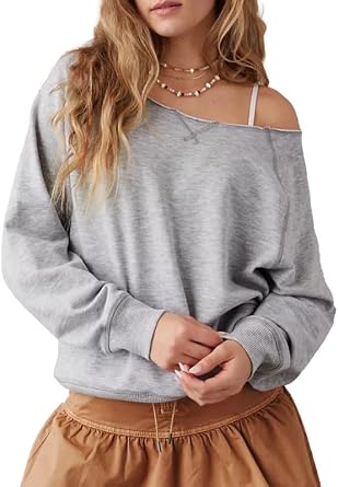 CORIRESHA Womens Casual Off Shoulder Sweatshirt Boat Neck Raglan Sleeve Loose Solid Pullover
