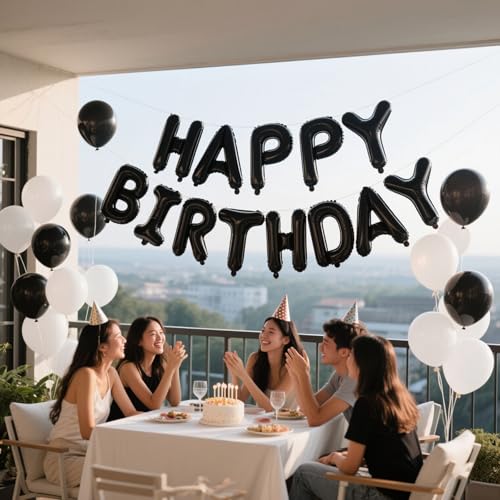 Image of Black Happy Birthday Balloon Banner Set -16 Inch Foil Letters Balloons, Reusable Birthday Decorations and Party Supplies, Suitable for Men and Women's Birthday Decorations,Party Backdrop