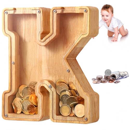 Image of UBeesize Large Piggy Banks Twenty-Six English Alphabet Letter for Boys Girls, Wooden Personalized Bills and Coins Bank Money Box,DIY Name Birthday Gift,Bedroom Living Room Decoration(K)