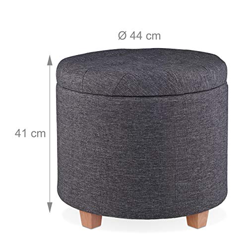 Relaxdays Sitzhocker mit Stauraum, gepolsterter Hocker rund, für Wohnzimmer, Leinen-Optik, H x D: 41 x 44 cm, dunkelgrau