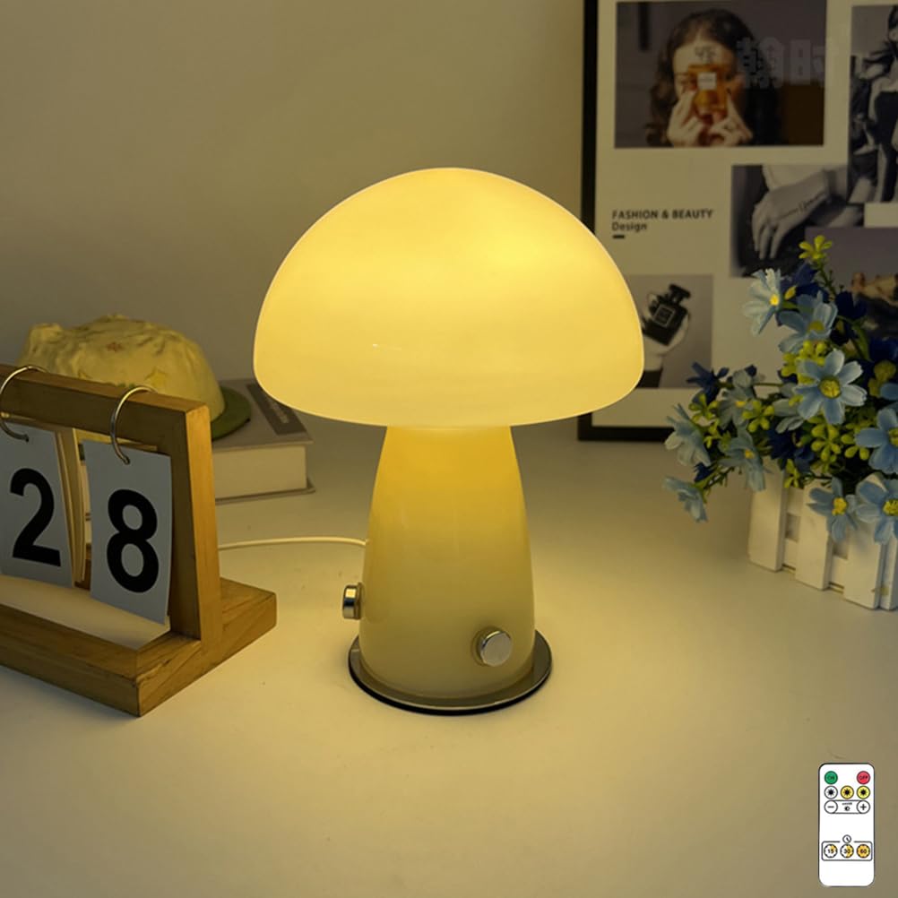 EaEa Lampe de Table Champignon avec Prise USB Lumière de Table LED en Verre Dimmable avec Télécommande, 3000k-6000k, Lampe de Bureau et Chevet pour Salon Chambre Restaurant Lecture,Blanc