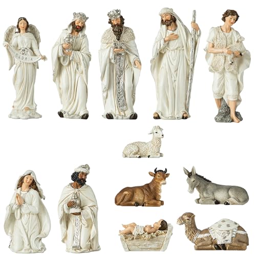 Image of Glitzhome 15.5 inch x 36 inch Large Ivory Nativity Figurines Set for Tabletop Decorations, Christmas Resin Scenes Figures Sets Table Topper Ornaments, 12Pcs Christmas Collectibles Figurines Statue Decor