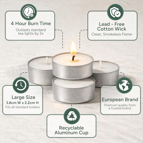 Image of Zuvo Tea Lights Candles 4 Hour Burn (100 Pack) - White Lights - 1.5 inchW x 1 inchH Smokeless & Unscented Candles - Party Candles- for Weddings, Home Decor