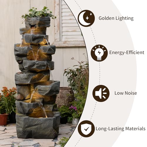 Image of 58Inch Outdoor Garden Water Fountain 6 Tiers Large Cascading Rock Natural Waterfall Outdoor Fountain with LED Lights for Patio Porch Backyard Home Art Decor