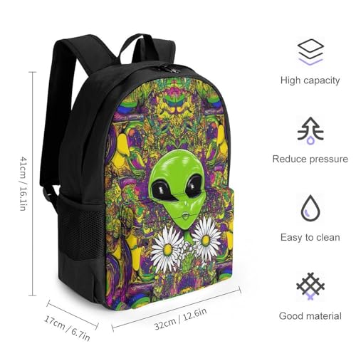 Backpack with Zippered Side Pockets, Unisex Trippy Space Alien Daisy Flowers Art Breathable Backpack for Hiking, Gym, Fashion Adjustable Shoulder Bag2