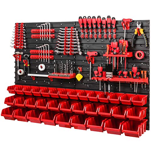 Boîtes à outils murales empilables 1152 x 780 mm - système de rangement SET porte-outils et boîte 34 pièces étagère murale d'atelier tiroirs perforée ouvertes, rouge
