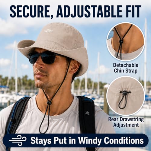 Image of Palmyth Fishing Hat with Detachable Neck Flap UPF 50+ Breathable Sun Hats | Sun Protection, Breathable Mesh, Water Resistant, Sweat Wicking, Snap Design, Adjustable Chin Strap & Size