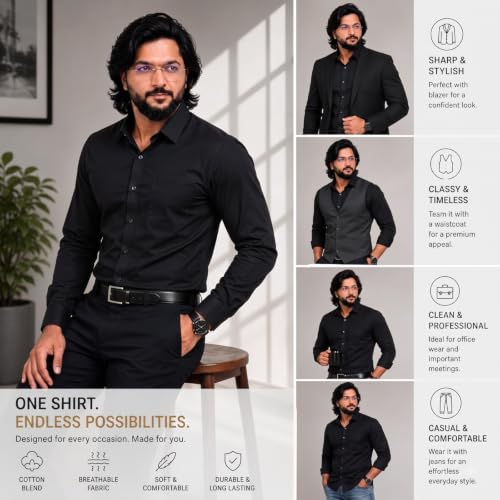Image of MCAVOY Cotton Blend Shirt for Men | Full Sleeve Regular Fit Plain Formal & Casual Office Shirt | Black & White