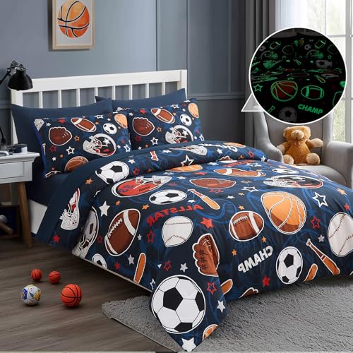 Image of Full Size Comforter Sets for Boys-7 Pieces Ball Glow in the Dark Bedding