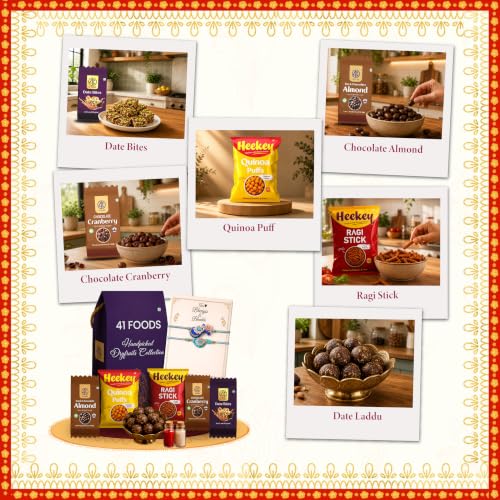 Image of 41foods Pyaar Ka Rista - Rakhi Gift Hamper 10 Item-Blue Bliss Elegant Peacock &Lumba Rakhi, Dates and Dry Fruit Laddoos, Healthy Baked Ragi stick- Bhai Bhabhi Rakhi Set with Gift