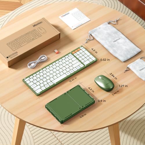 Image of MEETION Foldable Bluetooth Keyboard and Mouse, Portable Combo Green | Slim foldable keyboard and mouse set with a soft travel pouch, rechargeable and multi-device connection for work on the go