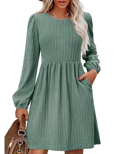 Zeagoo Damen Kleid Langarm Rundhals Strickkleid Casual Loose Fit Herbstkleid A Linie Kleider Winter Dress Freizeitkleid Grün M