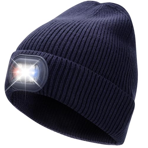 OKKLE Unisex LED Beanie with Light, USB Rechargeable Headlamp Hat, Winter Gifts for Men Women Husband Him Dark Blue