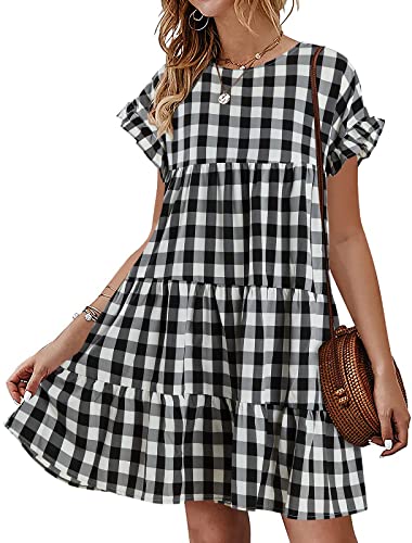 Image of Imysty Womens Boho Floral Ruffle Sleeve Babydoll Loose Flowy Casual Summer Pleated Mini Dress