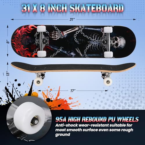 Image of Pro Complete Skateboards for Beginners Girls Boys Kids Youths Teens Adults 31 inchx8 inch Skate Boards 7 Layers Canadian Maple Double Kick Deck Concave Longboard