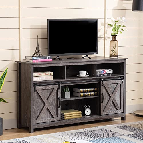 Farmhouse Coffee Bar Cabinet, Rustic Sliding Barn Door Storage Cabinet With Power Outlet, Buffet Server Sideboard Cupboard Table For Dining Room Entryway Kitchen (Wash Grey) #TOP6