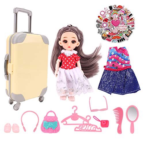 PALA PERRA Doll Travel Suitcase, Doll Accessories Set Including Yellow Luggage for 6.3 Inch Doll with Dresses Clothes Shoes Hangers Handbag Camera etc., Doll Travel Playset for 6.3 Inch Gril Gift Doll