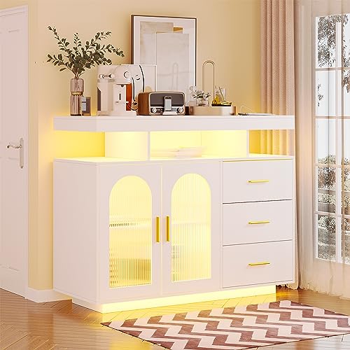 Lvifur Buffetschrank Sideboard Weiss, Vorratsschrank Mit Kabelloser Ladestation, Automatischem Sensor RGB 20-Farben Dimmbares Sideboard Intelligente Sensorik Kommode Wohnzimmer Weiß