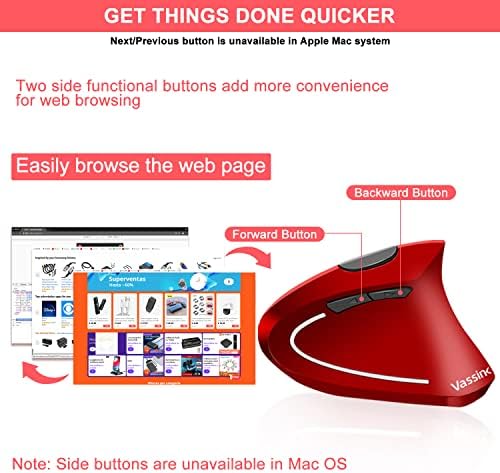 Vassink Ergonomic Mouse Wireless Mouse Rechargeable Vertical Optical Mice with USB Receiver, 6 Buttons 2.4GHz Adjustable DPI 800/1200/1600 for PC Computer,Laptop,etc (Red)