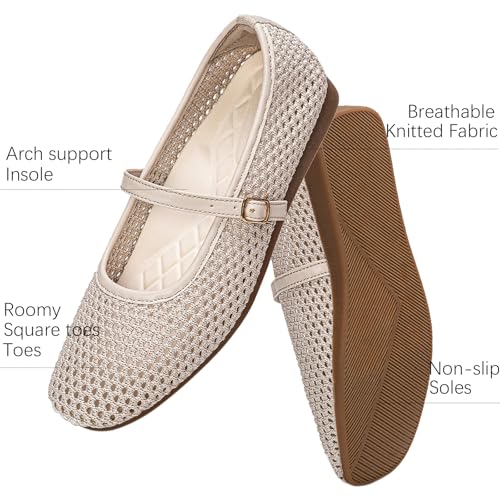 Image of Buyrew Women's Mary Jane Flats Breathable Mesh Square Toe Ballet Flats with Arch Support Washable Non Slip Casual Dress Shoes for Work Office