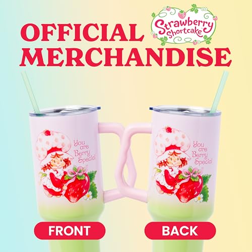 Image of Silver Buffalo Strawberry Shortcake You Are Berry Special Vintage Pink and Green Ombre Double Walled Stainless Steel Tumbler with Handle and Straw, Fits in Standard Cup Holder, 40 Ounces