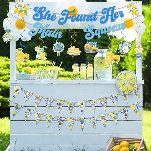 Image of Lemon Bridal Shower Decorations Include She Found Her Main Squeeze Glitter Banners Lemon Bunting Banners Hanging Swirls Amalfi Coast Lemon Theme Party Supplies for Bridal Shower